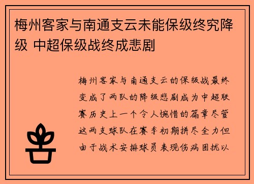 梅州客家与南通支云未能保级终究降级 中超保级战终成悲剧 梅州客家与南通支云未能保级终究降级 中超保级战终成悲剧