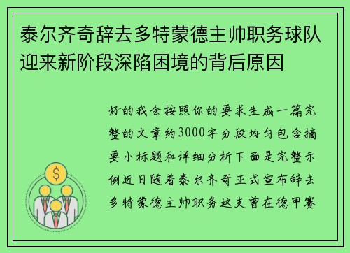 泰尔齐奇辞去多特蒙德主帅职务球队迎来新阶段深陷困境的背后原因 泰尔齐奇辞去多特蒙德主帅职务球队迎来新阶段深陷困境的背后原因