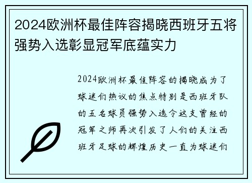 2024欧洲杯最佳阵容揭晓西班牙五将强势入选彰显冠军底蕴实力